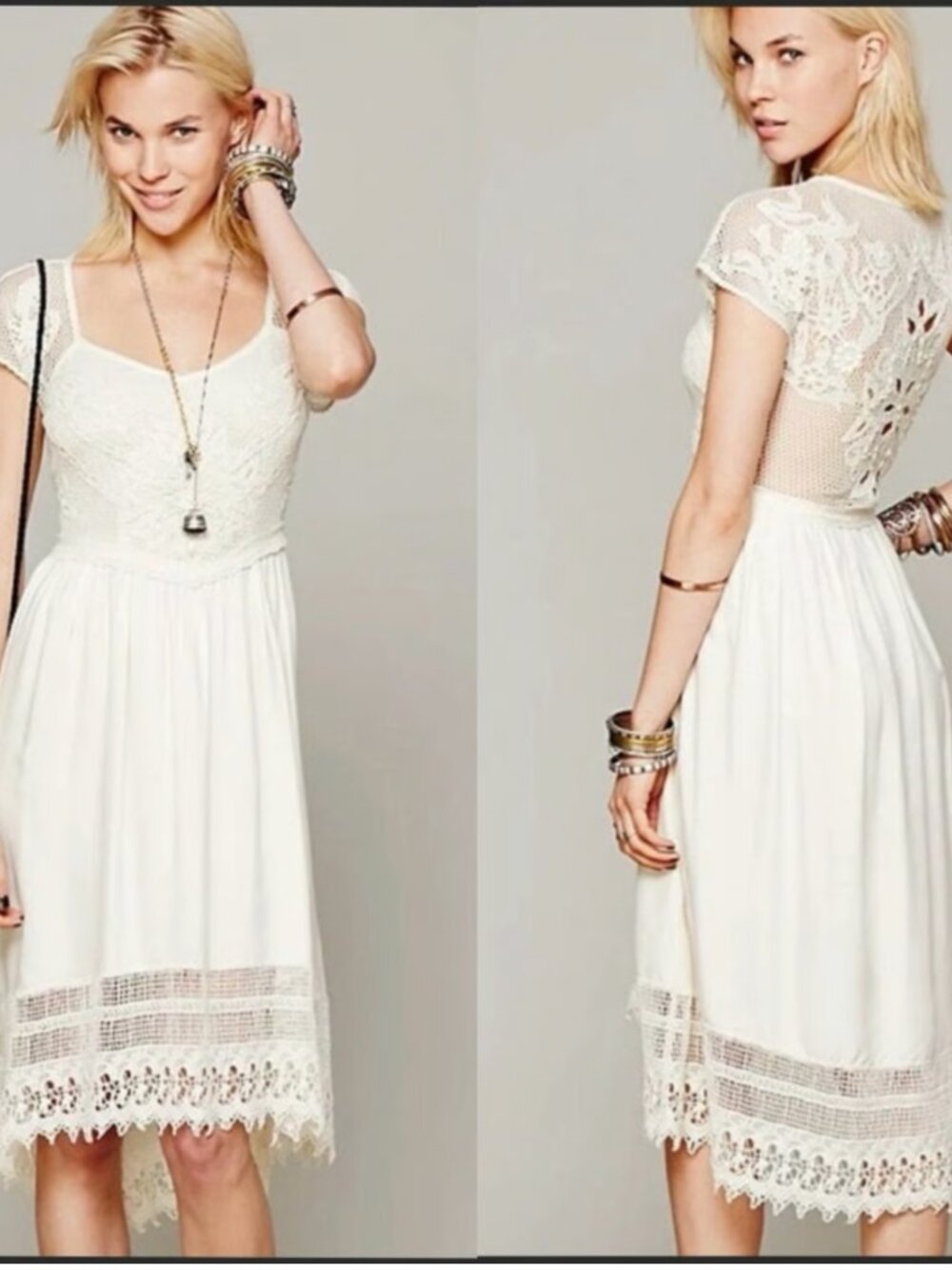 Free People Seashore Battenburg Crochet Midi Dress Medium Boho Romantic Pockets